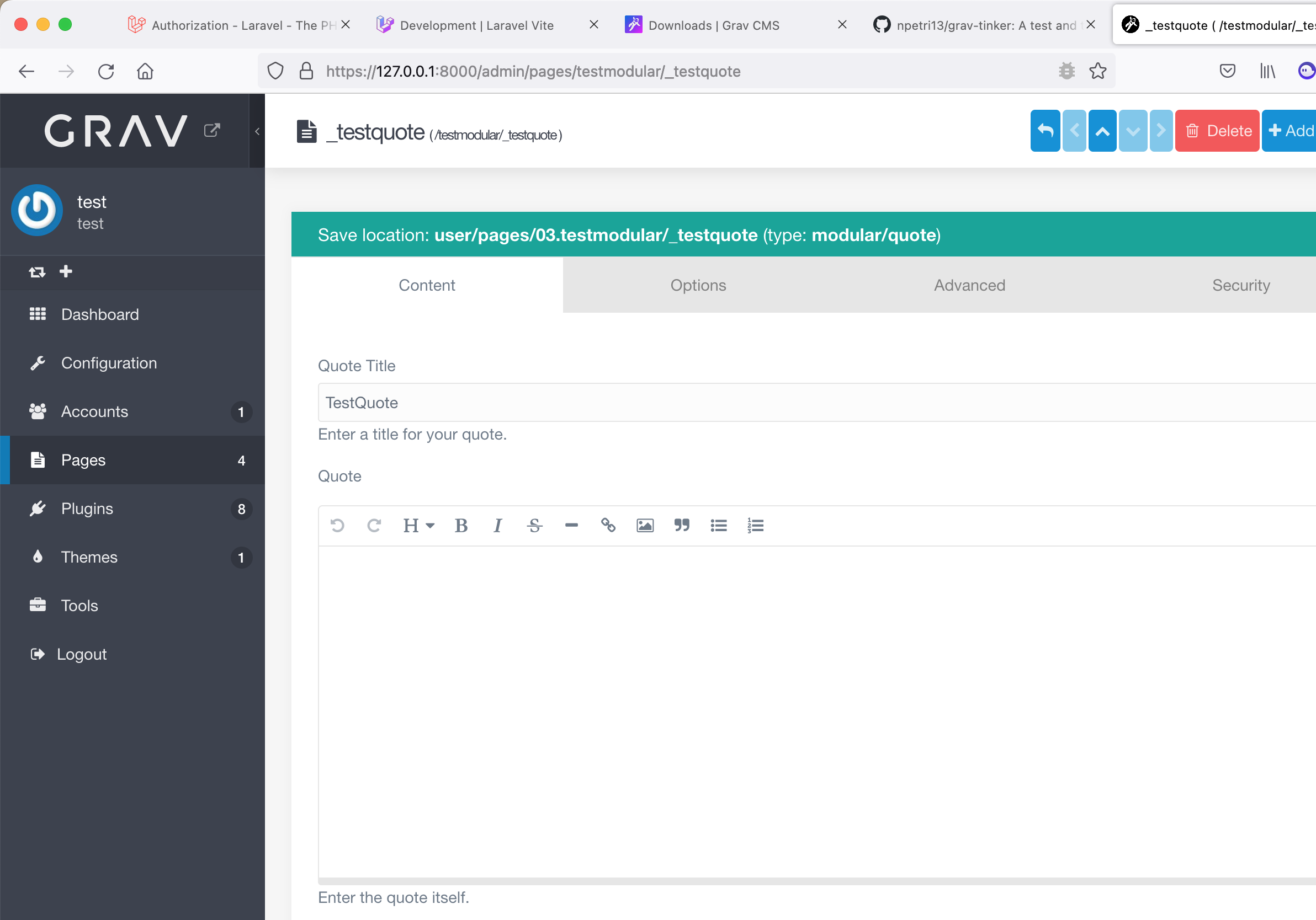 Screenshot Grav Admin - Pages|690x482